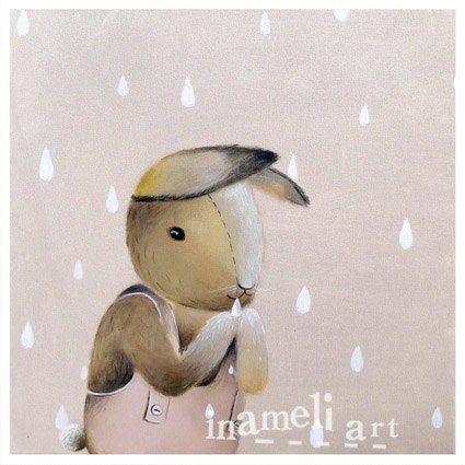 art for nursery, children wall art print, lovely nursery animal illustration, Bunny meets rain, kids wall art by inameliart - inameliart