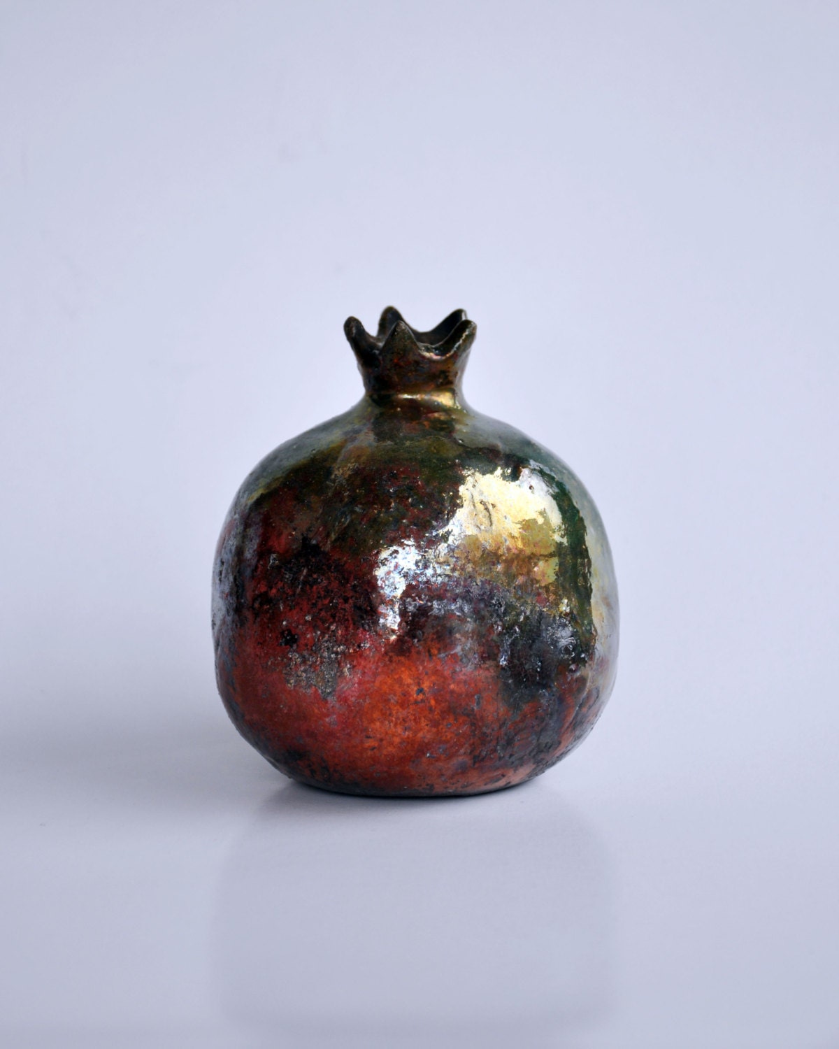 Raku Fired Ceramic Green Pomegranate with Cooper Efects - Large