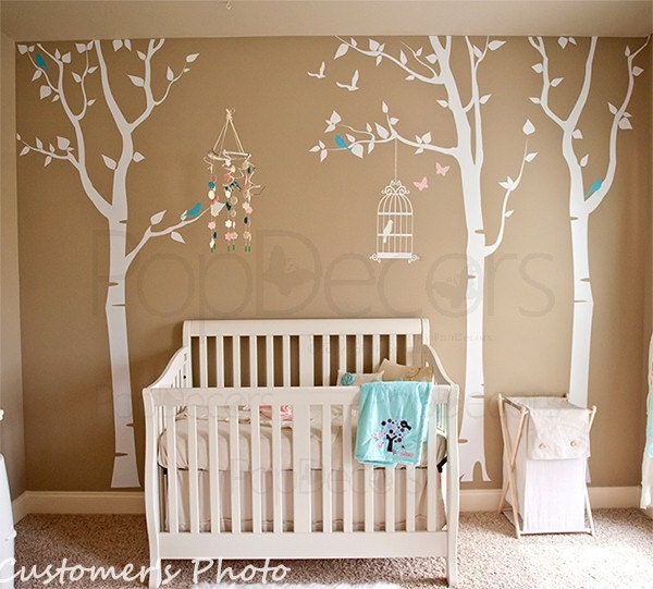 Nursery Tree Decals Baby Room Decal Girl Room Decal Birds and Butterfly Decal - Three birch trees and birdcage - (102inch H)