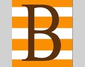 SALE - Stripe B Initial - 8x10 Print - Orange, Chocolate Brown, White - Boy Nursery or Kids Wall Art