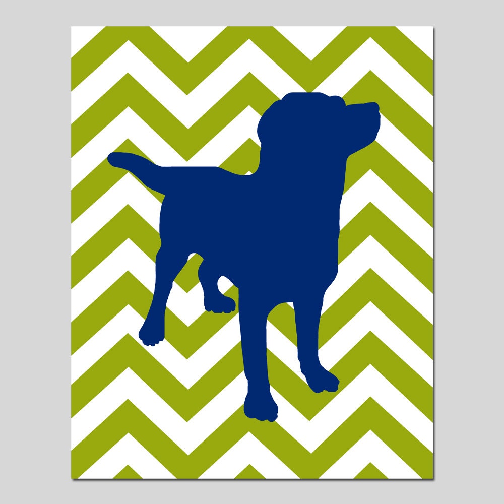 SALE - Chevron Puppy Dog - 8x10 Print - Modern Nursery Decor - Kids Wall Art - Olive Green, Navy Blue, White