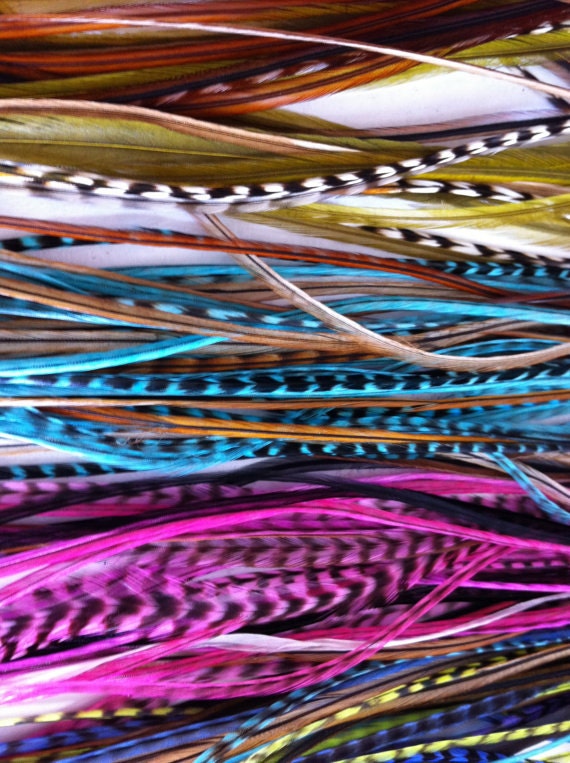 YOU Choose-50 DIY Feather extensions in a Rainbow of vibrant colors or gorgeous naturals-Salon Grade