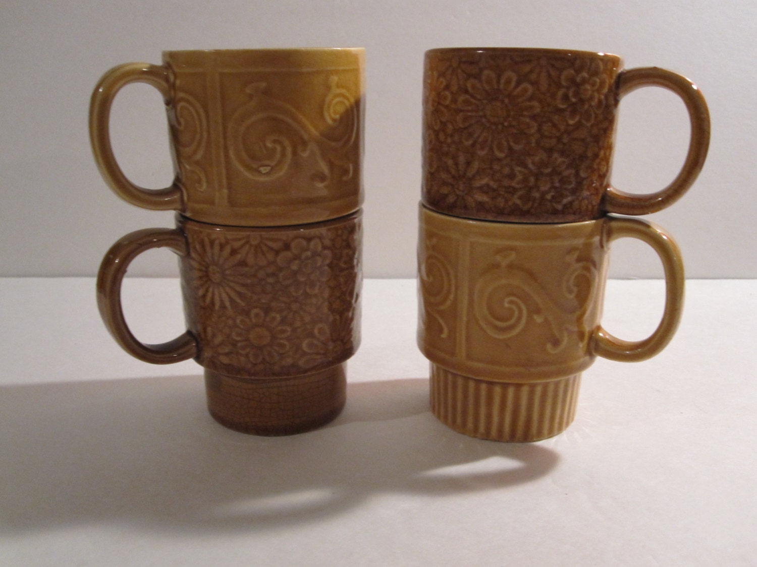 Vintage 4 Piece Set of Stackable Coffee Tea Cups Mugs Marked JAPAN Retro Kitchen
