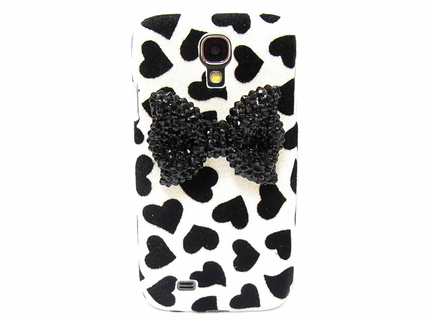 Samsung i9500 Galaxy S4 case,Bling Velvet Black Heart White Samsung i9500 Galaxy S4 Case, Crystal Black Bow Samsung i9500 Galaxy S4 Case