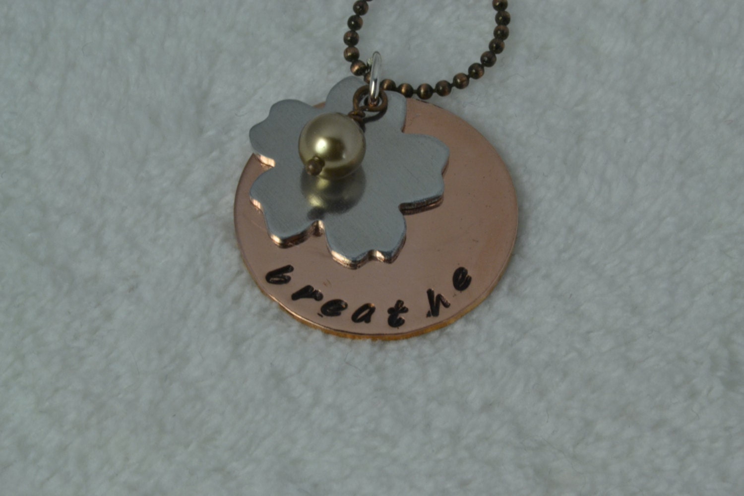 Copper Breathe Pendant - Hand-Stamped with Aluminum Flower and Bronze Pearl