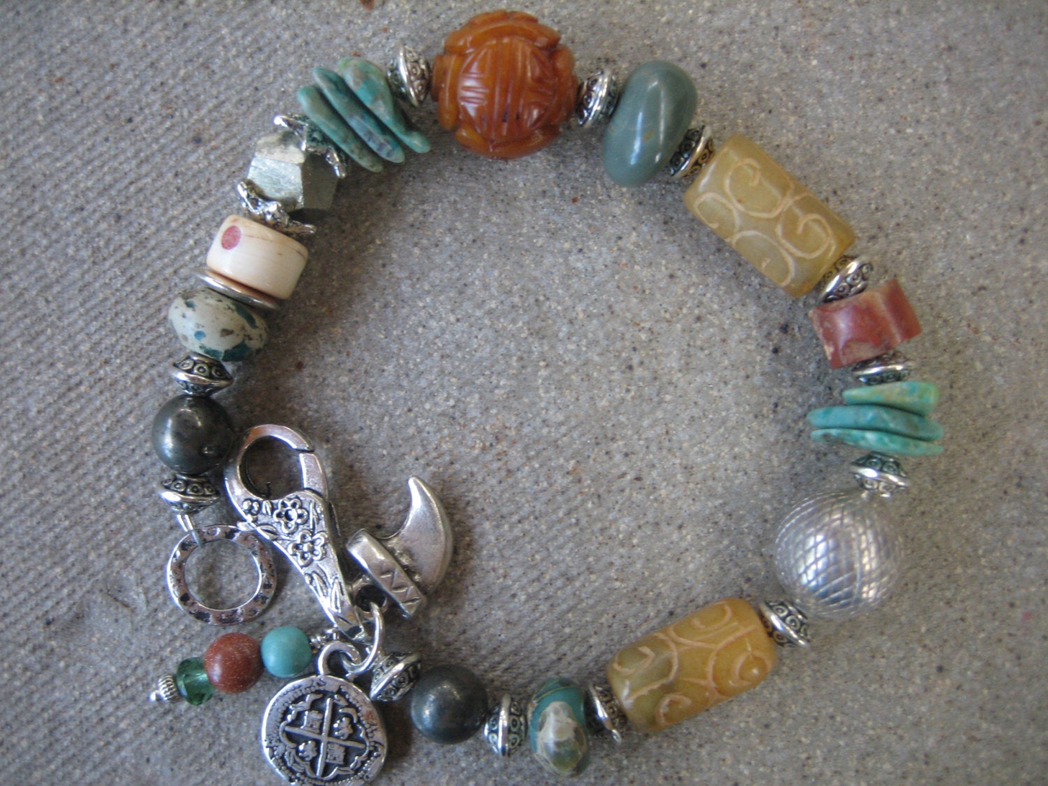 TRIBAL STYLE BRACELET  Chunky Jade Stones sterling  beads silver charms Summer fashion  free ship