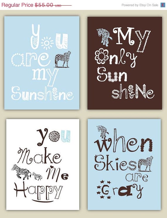SALE You Are My Sunshine Zebra Art in Brown, Light Blue, and White 4 prints in 8x10 nursery art, baby shower gift