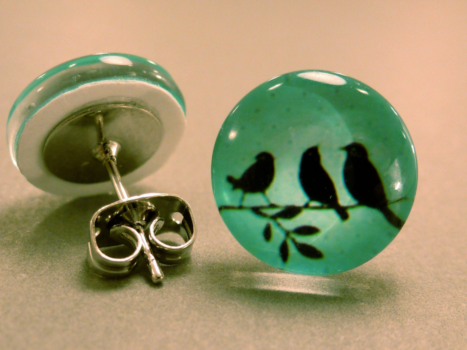 Bird Branch Studs: Birds on a Branch Stud Earrings, Fake Plugs, Bird Earrings, Summer, Domed