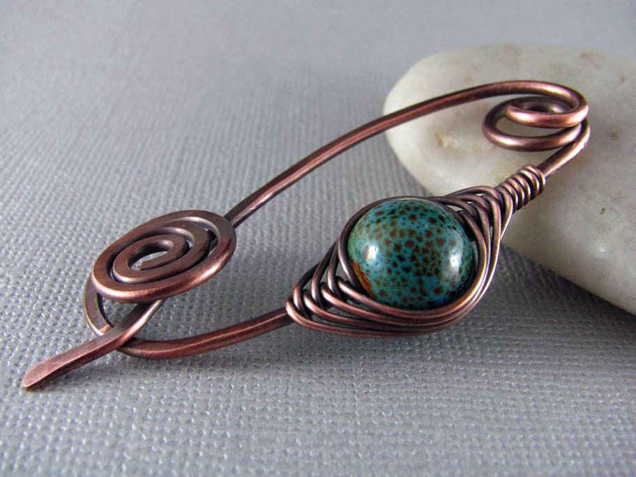 Wire Shawl Pin Copper Scarf Sweater Pin Hand Forged Fibula Wire Wrapped Jewelry Blue Brooch