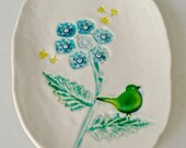 Decorative Small Plate, Small dish, with flower, bird in aqua and emerald, spoon rest, tapas plate, garden scene