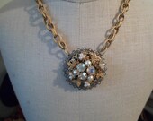 Ooak Handmade Vintage Gold and Silver Tone Neclace Big Double Link Chain Filigree Rhinestones and Pearls Leaves Repurposed Upcycled Romantic