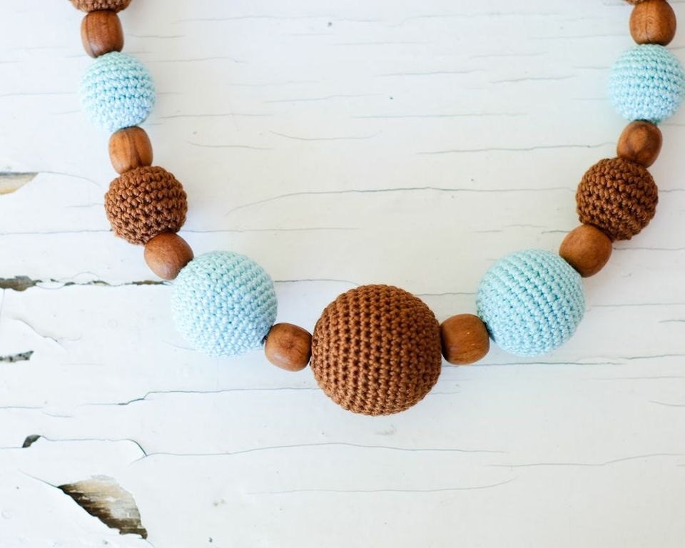 Apple wood  Nursing Necklace in aqua and brown