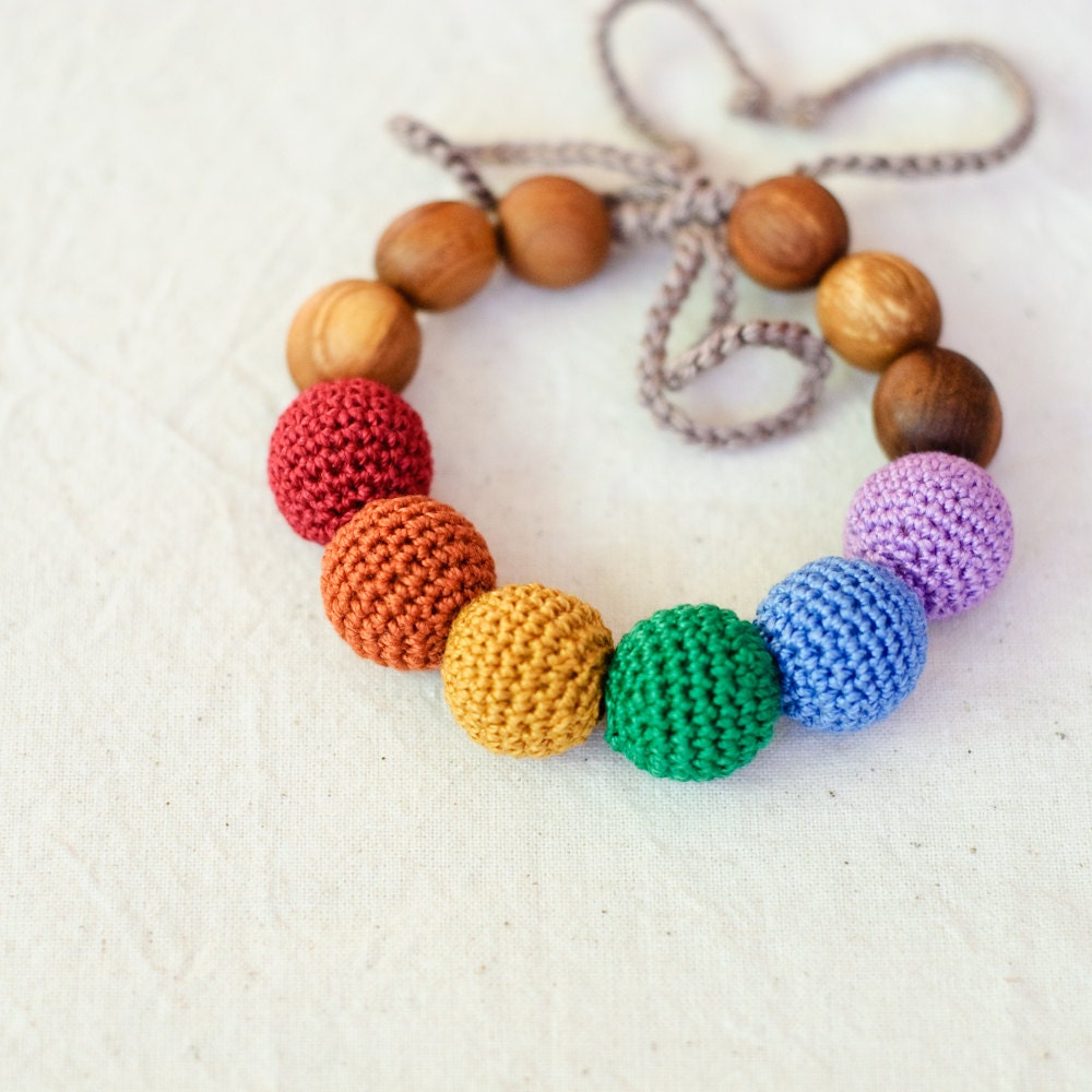 Earthy Rainbow Bracelet with crochet and wooden beads - KangarooCare