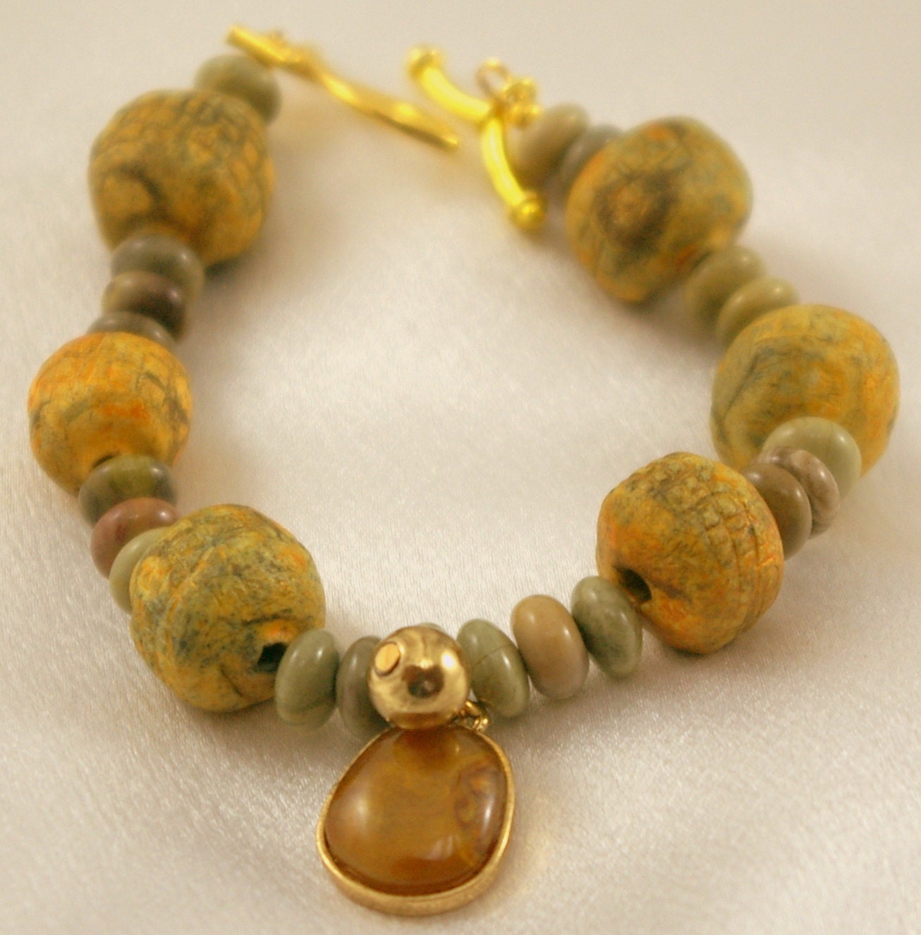 Silver Leaf Jasper Bracelet with Pottery Beads and Charm.  Free Shipping.  Gypsy.