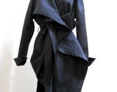 MARIA SEVERYNA Long Draped Origami Leather Trimmed Black Trench Coat