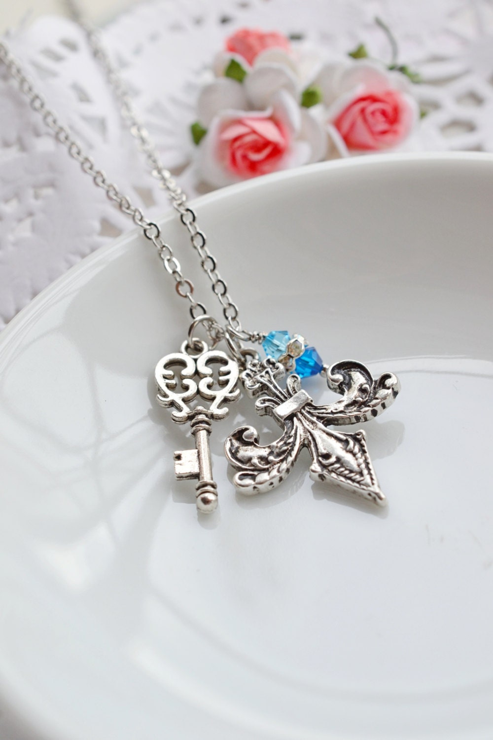Kappa Kappa Gamma Necklace,Key Charm Necklace,Fleur de Lis Necklace,Silver Key,Greek Sorority Jewelry,Gift for Bridesmaid,Skeleton Key