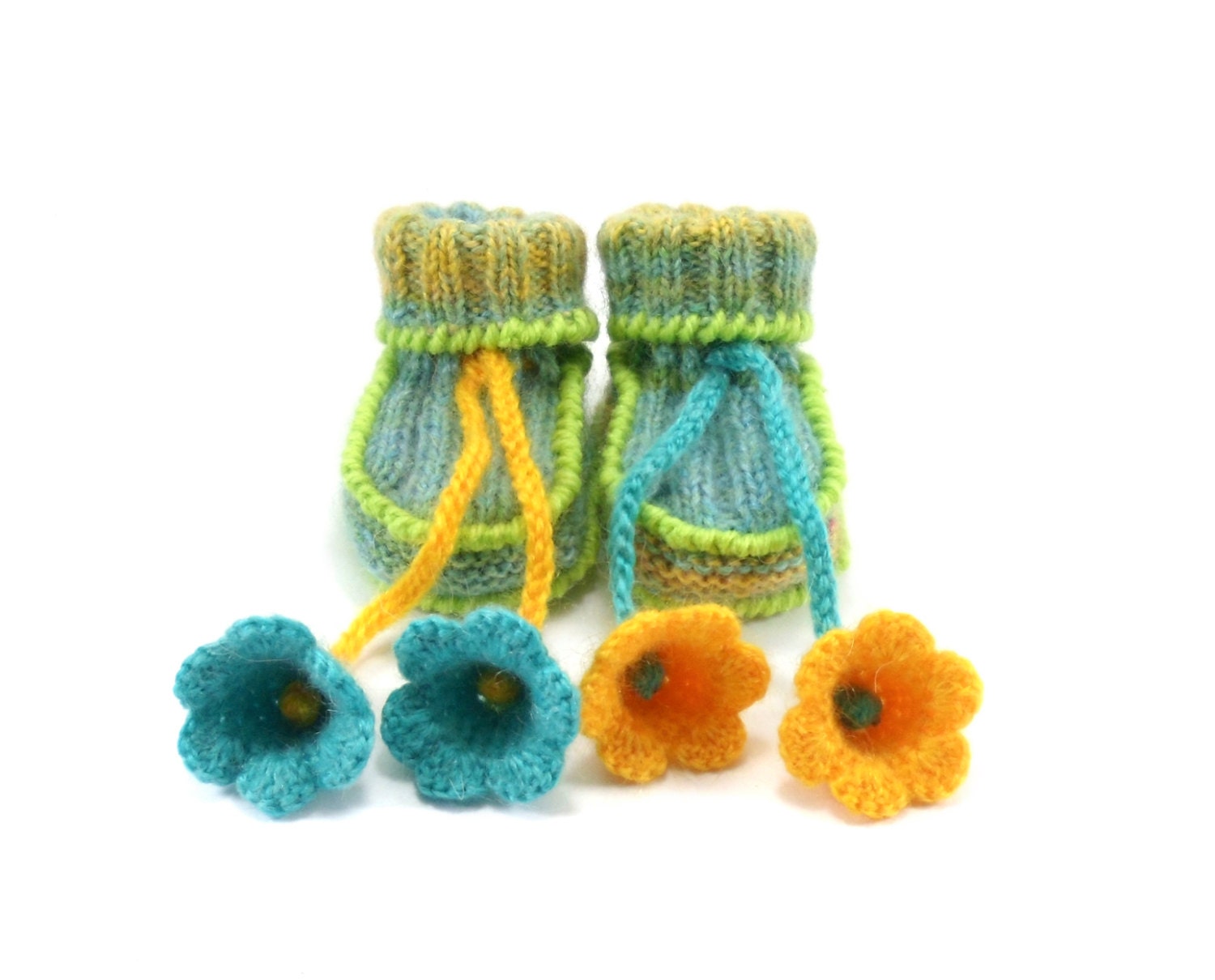 Knitted Baby Booties with Crochet Bell Flowers, Pastel Colors, 0 - 3 months
