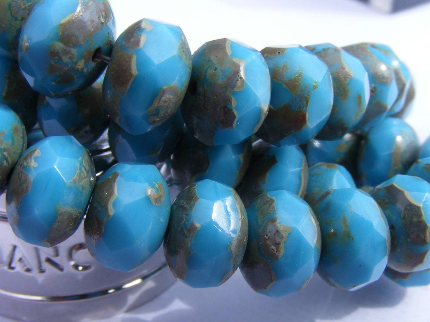 Czech Glass Bead . picasso . maya blue . 12 each . 6mm x 8mm