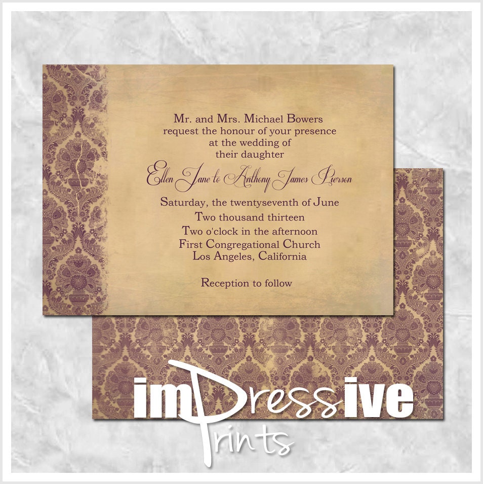 Purple Gold Old World Wedding Invitation Sample