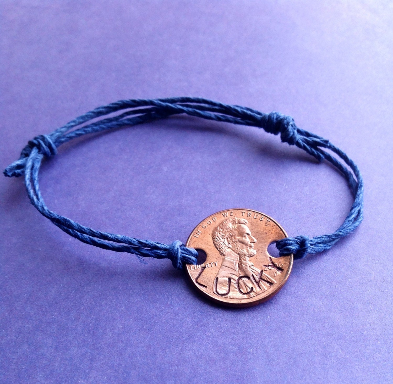 Lucky Penny Hand Stamped Hemp Bracelet - Pick The Color