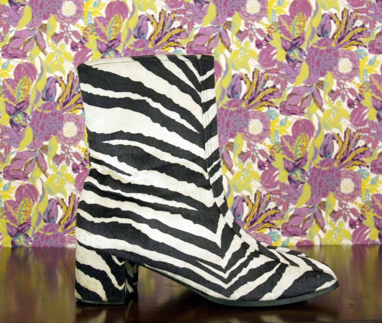 Vtg 90s Faux Fur Zebra Print Side Zip Ankle Boots Sz 8.5/9