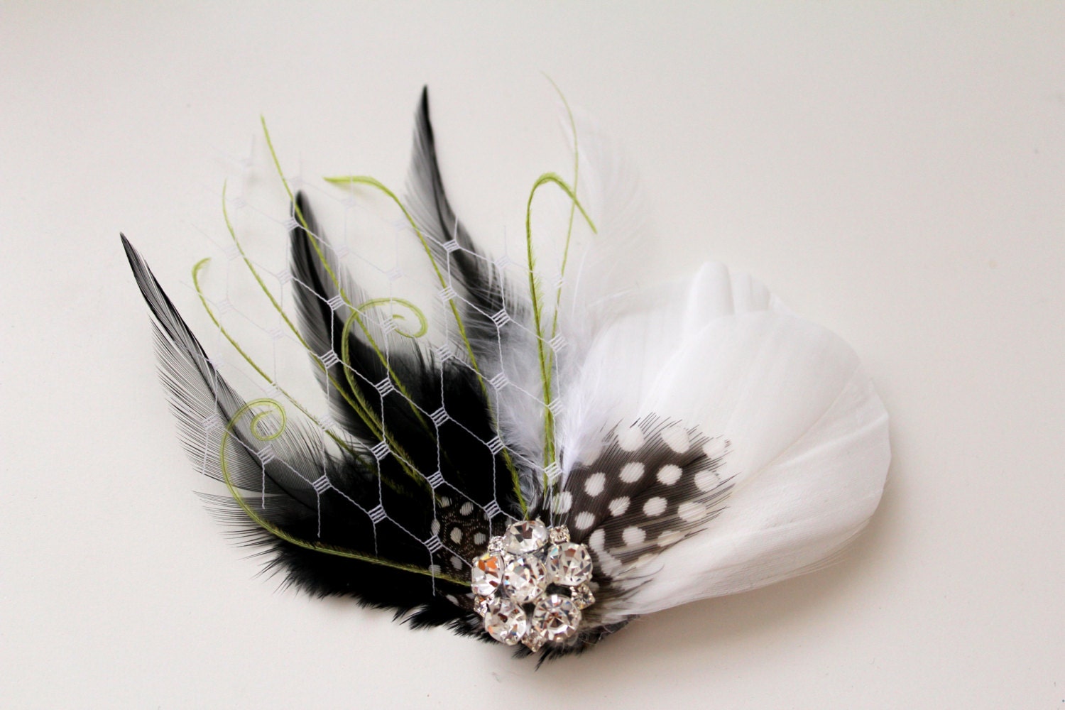 Wedding Bridal Light Ivory Black Lime Green Feather Rhinestone Jewel Head Piece Hair Clip Fascinator READY TO SHIP