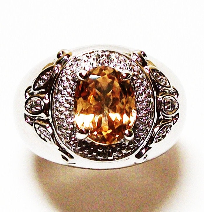 Ring Imperial Hessonite Garnet w/ Diamond Accents set in Solid Sterling Silver s7  "Warm Honey"