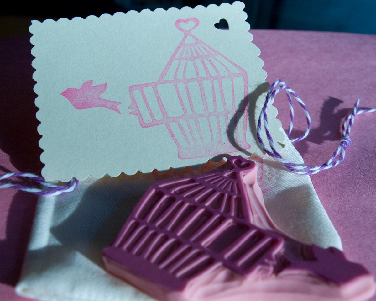 Bird Flying out of Birdcage Rubber Stamp Hand Carved Scrapbooking Card Paper Embellishment Supply
