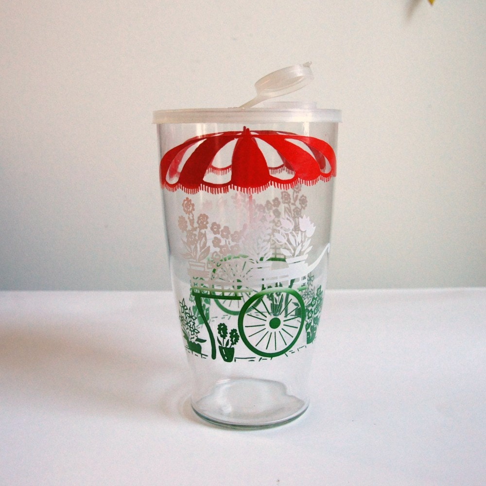 Cocktail Shaker, Barware: 1950s Beverage Pitcher, Flower Cart Design