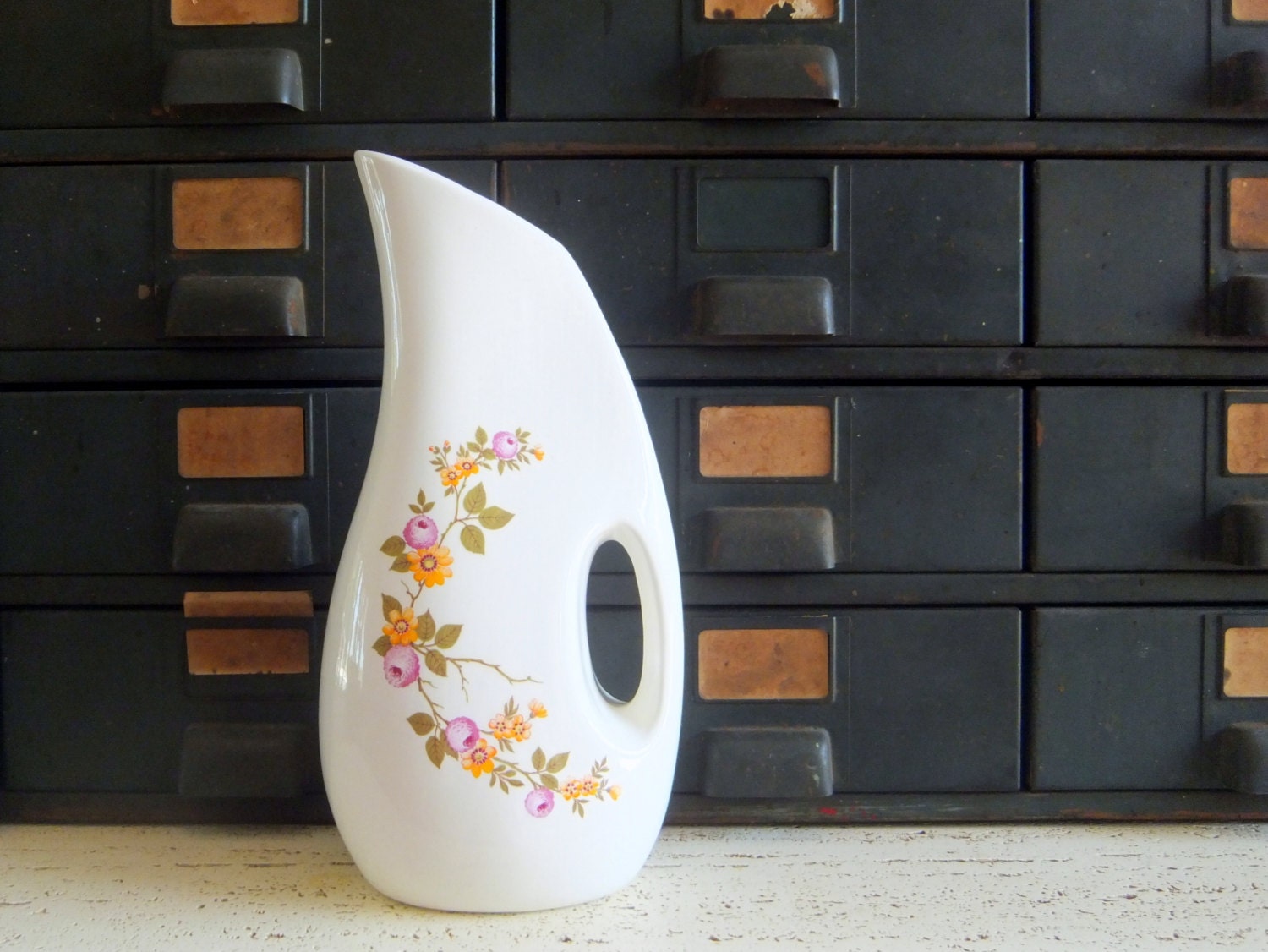 Mid Century Pitcher, Ceramic, Floral