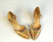 SALE vtg 80s nude COLORFUL leather STRAPPY Sandals wood heels 6.5 hippie shoes boho