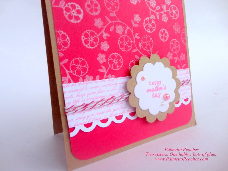 Handmade Mothers Day Card- Flowers on Kraft - Pink, Red, Navy, or Orange - 4.25" x 5.5" - Qty 1- Reserved for Christa