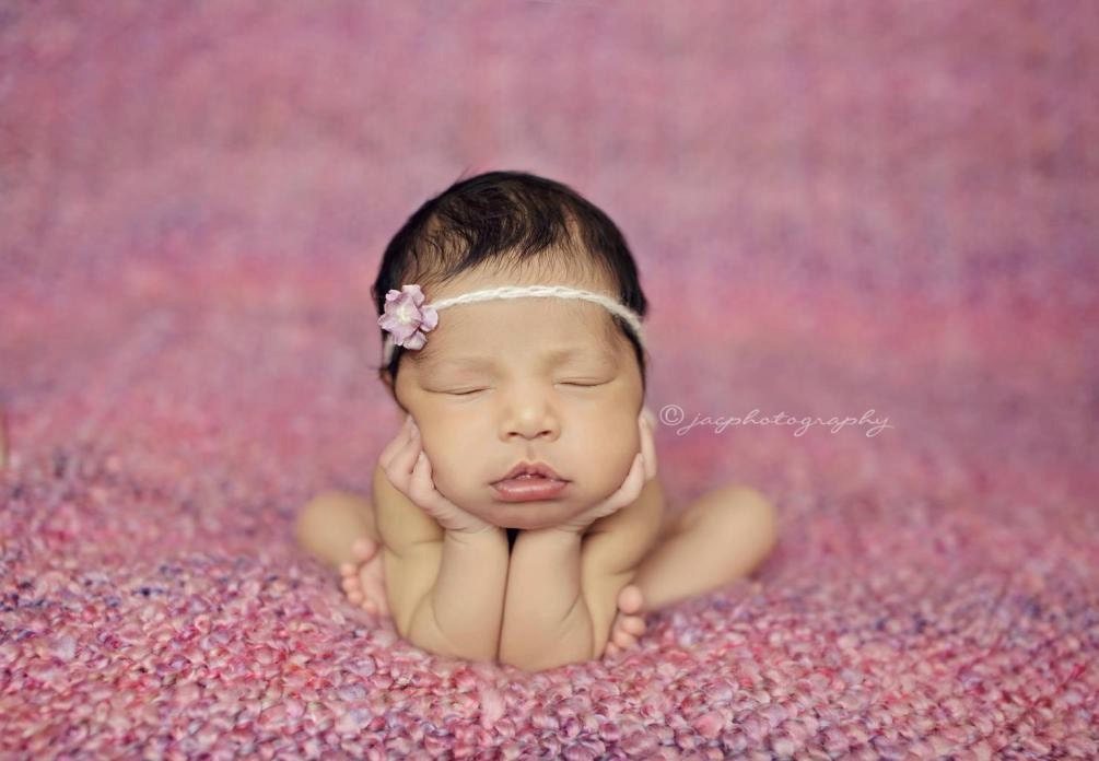 Newborn TIEBACK Halo Headband, Crochet Band with Small Purple Flower