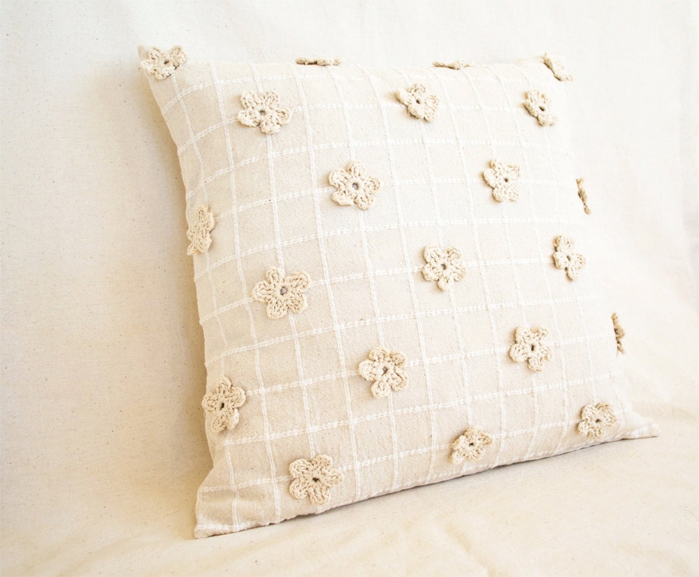 Set of 2 Pieces 16 x 16  Eco Friendly Natural Cream Floral Pillow Covers