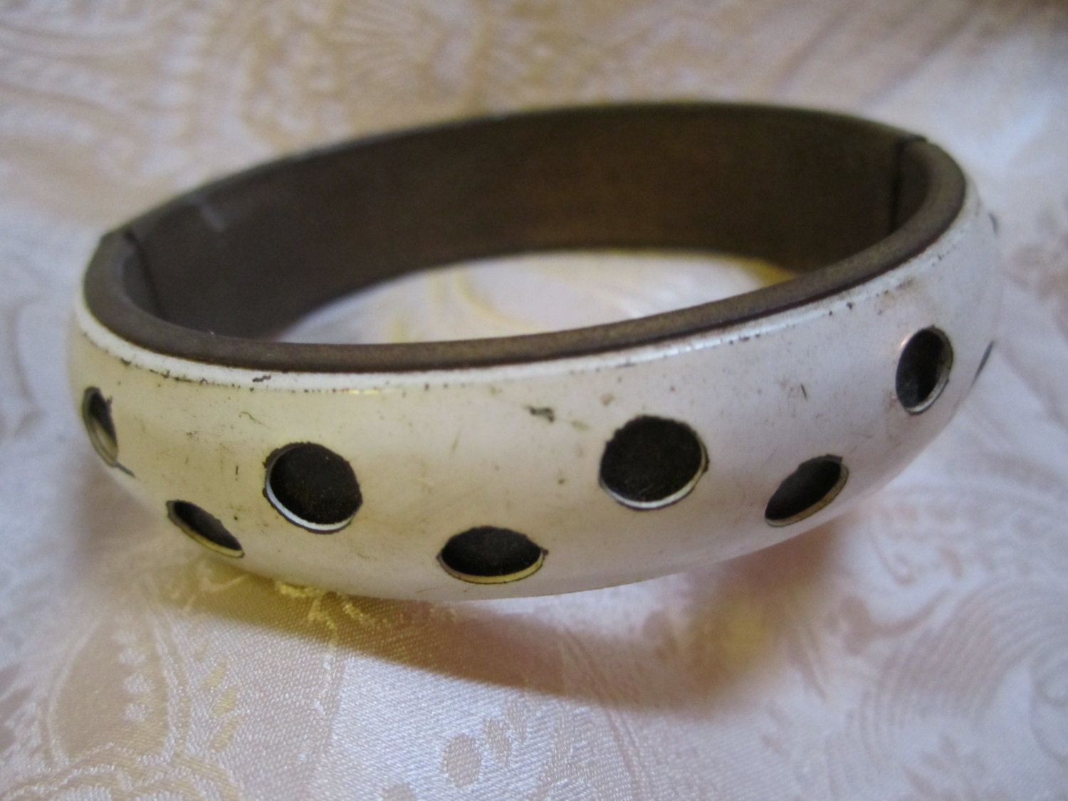 White Metal Bracelet Antique Polka Dot Cut Out