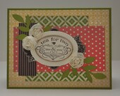 Greeting Card, Tea for Two, Birthday, For Her, Polka Dots, Flowers, Leaves, Vintage, Pink, Yellow, Green, Brown, Blank, Stamped