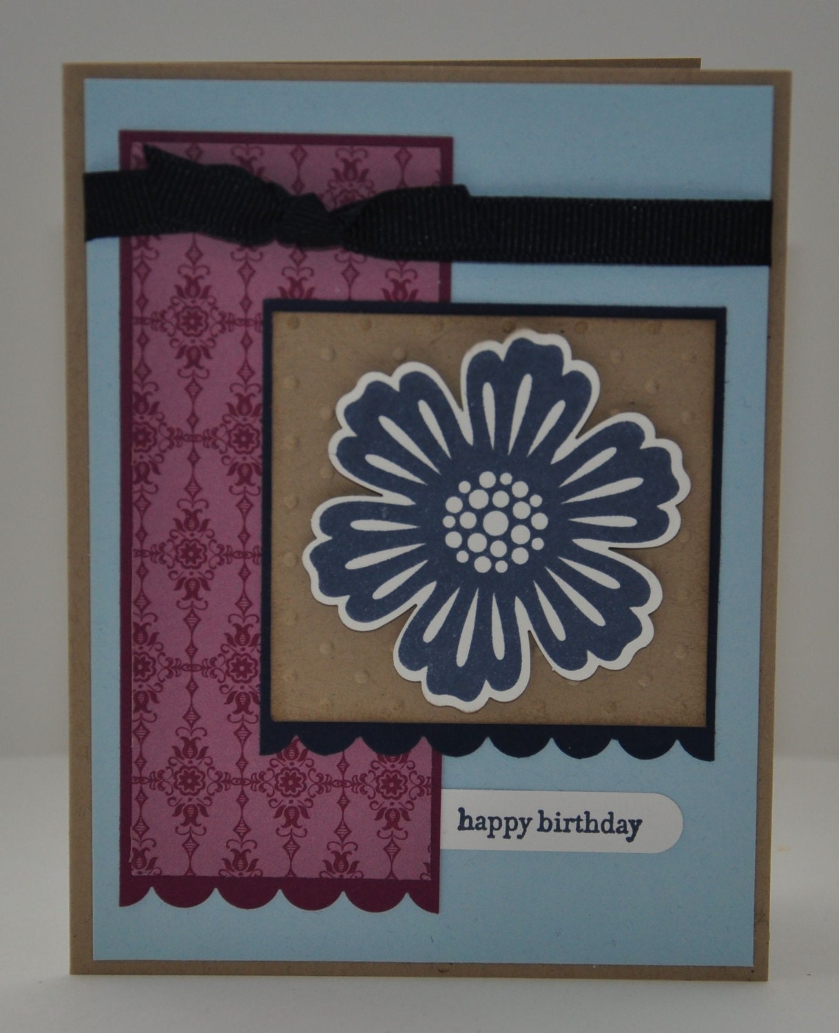 Happy Birthday Greeting Card, Navy Blue, Light Blue, Tan, Brown, Maroon, Purple, Flower, For Her, Polka Dots, Stamped, Blank Inside
