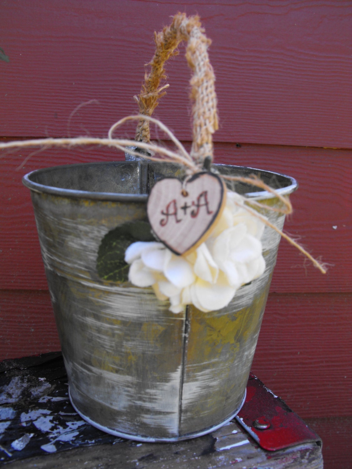 Flower Girl Basket Alternative Distressed Personalized Tin Bucket Rustic Woodland Outdoor Country Chic Wedding