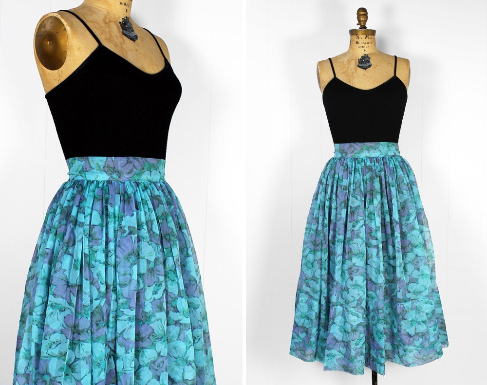 Vintage Lilac and Blue Floral Print Sheer Skirt - Size Small