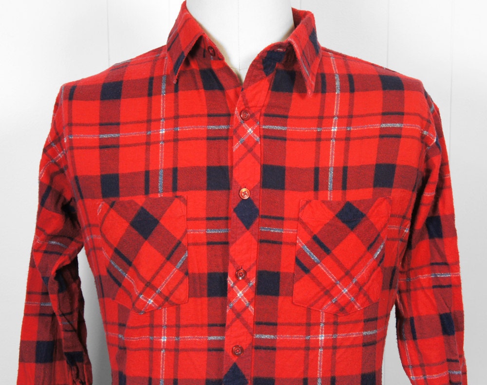 Vintage 1980's Men's Red, Blue & White Striped Flannel Shirt - Long Sleeve, Size L
