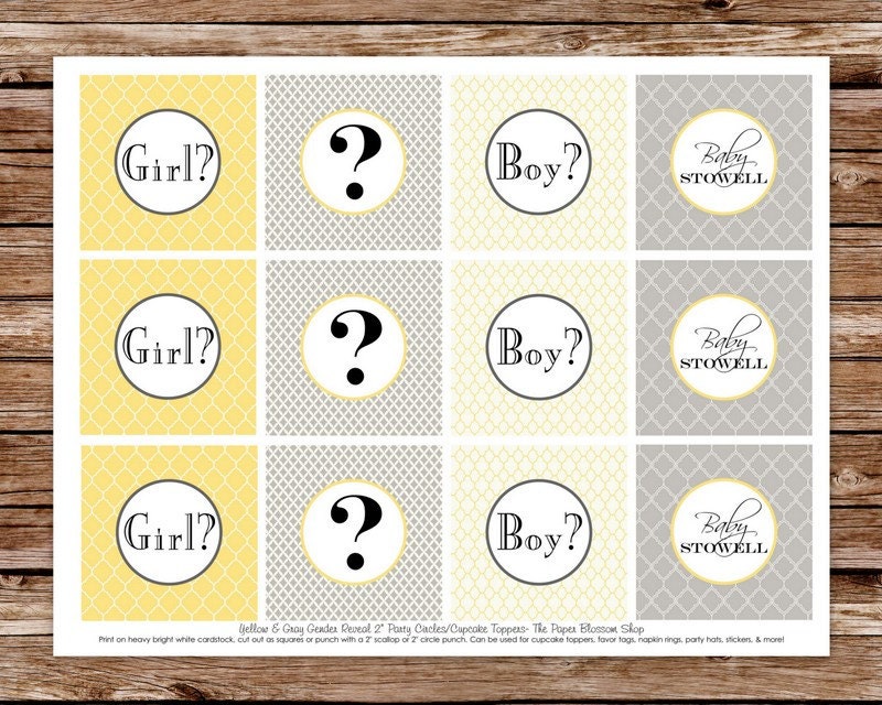 Custom Printable Yellow and Gray Gender Reveal Party 2 inch Party Circles/Cupcake Toppers Il_170x135