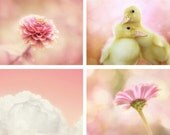Pink Nursery Wall Art Set, Baby Girl Nursery Decor, Little Girl's Room, Baby Ducks, Pink Flowers, Clouds, Peachy Pink, Set of 4 Prints
