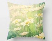 Daisy Pillow Case, Flower Pillow Cases, Daisies Pillow Case, White Yellow Green Shabby Chic Throw Pillow, 16x16, 18x18 Flowers Pillow Cover