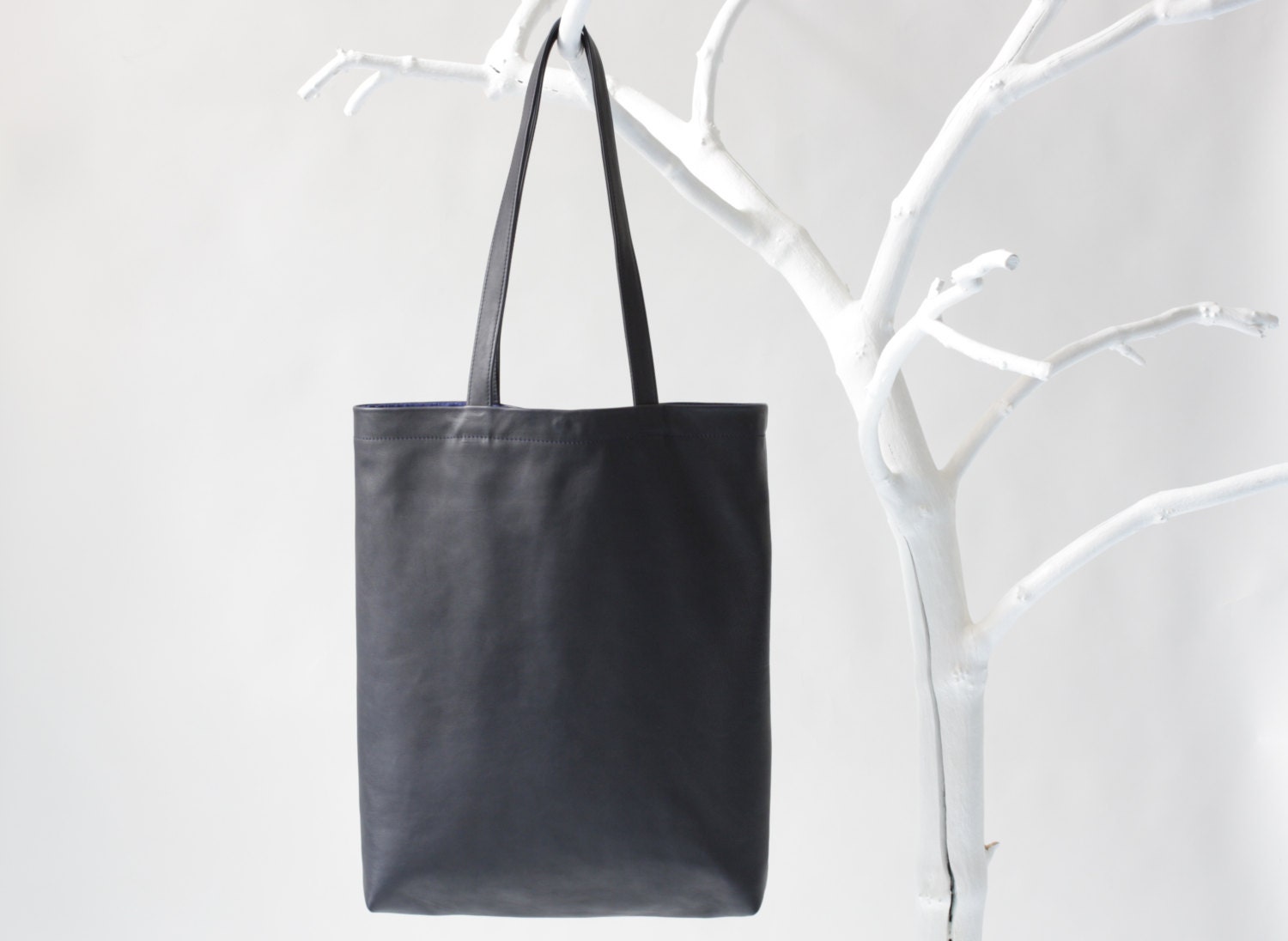 Genuine Leather Tote in Dark Blue with Royal Blue Cotton Lining, removable leather key strap, laptop bag, shoulder bag