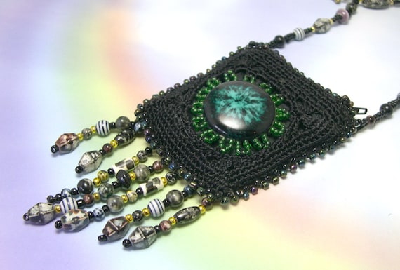 Upcycled Beaded Purse Necklace, beaded amulet bag, crocheted neck pouch. vintage beads, black, turquoise cabachon, black purse necklace