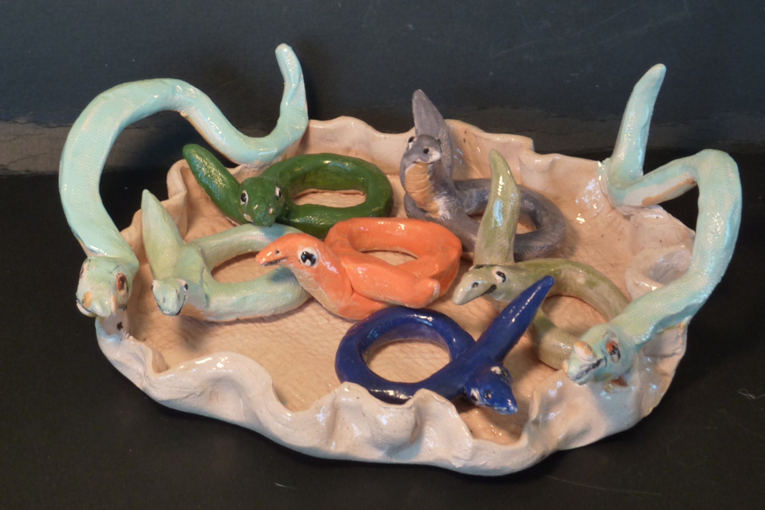 Snake Tray and 6 Snake Napkin Rings Handmade in US from a lump of clay