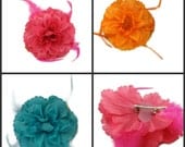 Hair Clip Pin Brooch Flower Feathers Aqua - Orange - Pink