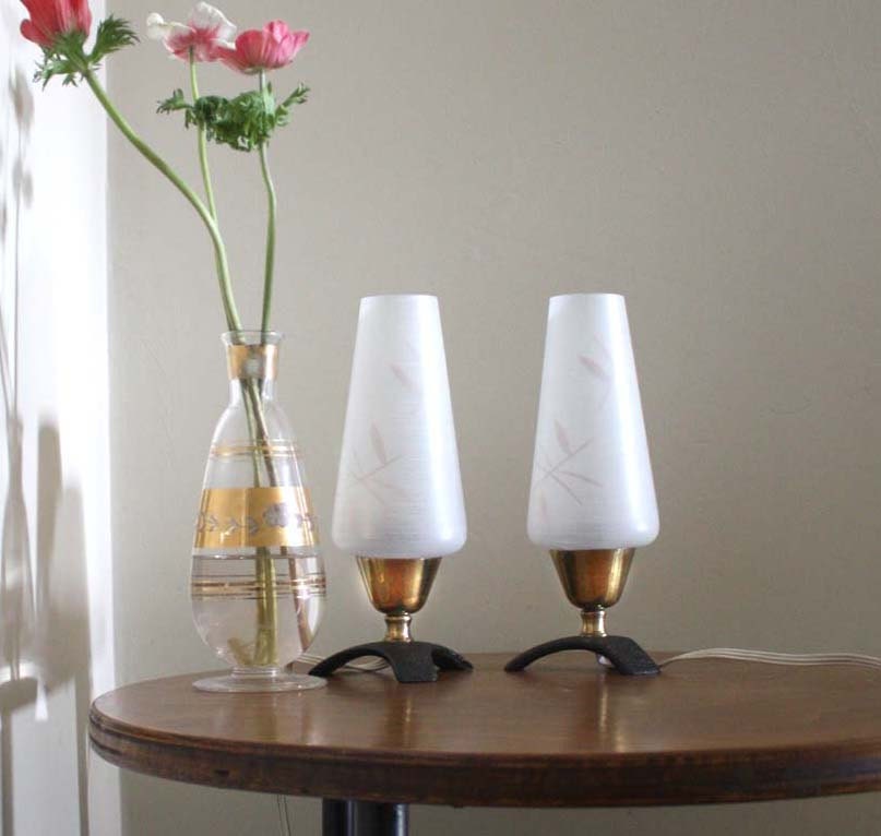 Midcentury Vintage Fifties Style Table Lamps. White Glass Shade, Gold / Metal Bases.