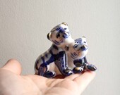 Vintage Russian Miniature Porcelain Figurine. Pair of Tiger Cubs. Made by Gzhel. Folk Rustic Decor