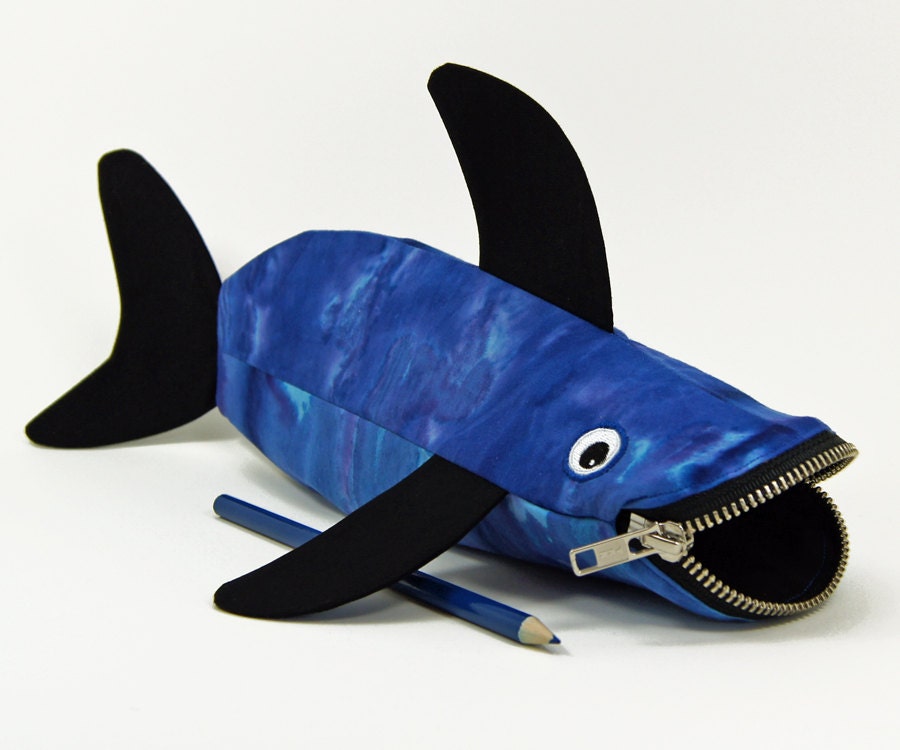 Shark Pencil Bag by MinneBites / Handmade Pencil Case - Toy Bag - Boys Gift - Tie Dyed Blue - Fish Bag - Kids Art Storage, ready to ship